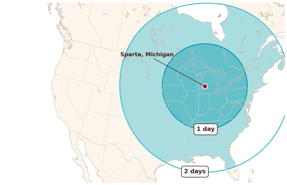 Riveridge transit time map showing one-day and two-day truck delivery range from Sparta, Michigan